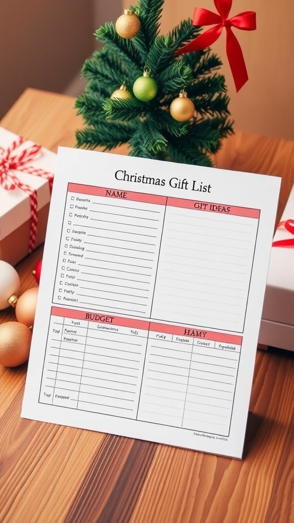 Printable Christmas gift list template on a wooden table with festive decorations.